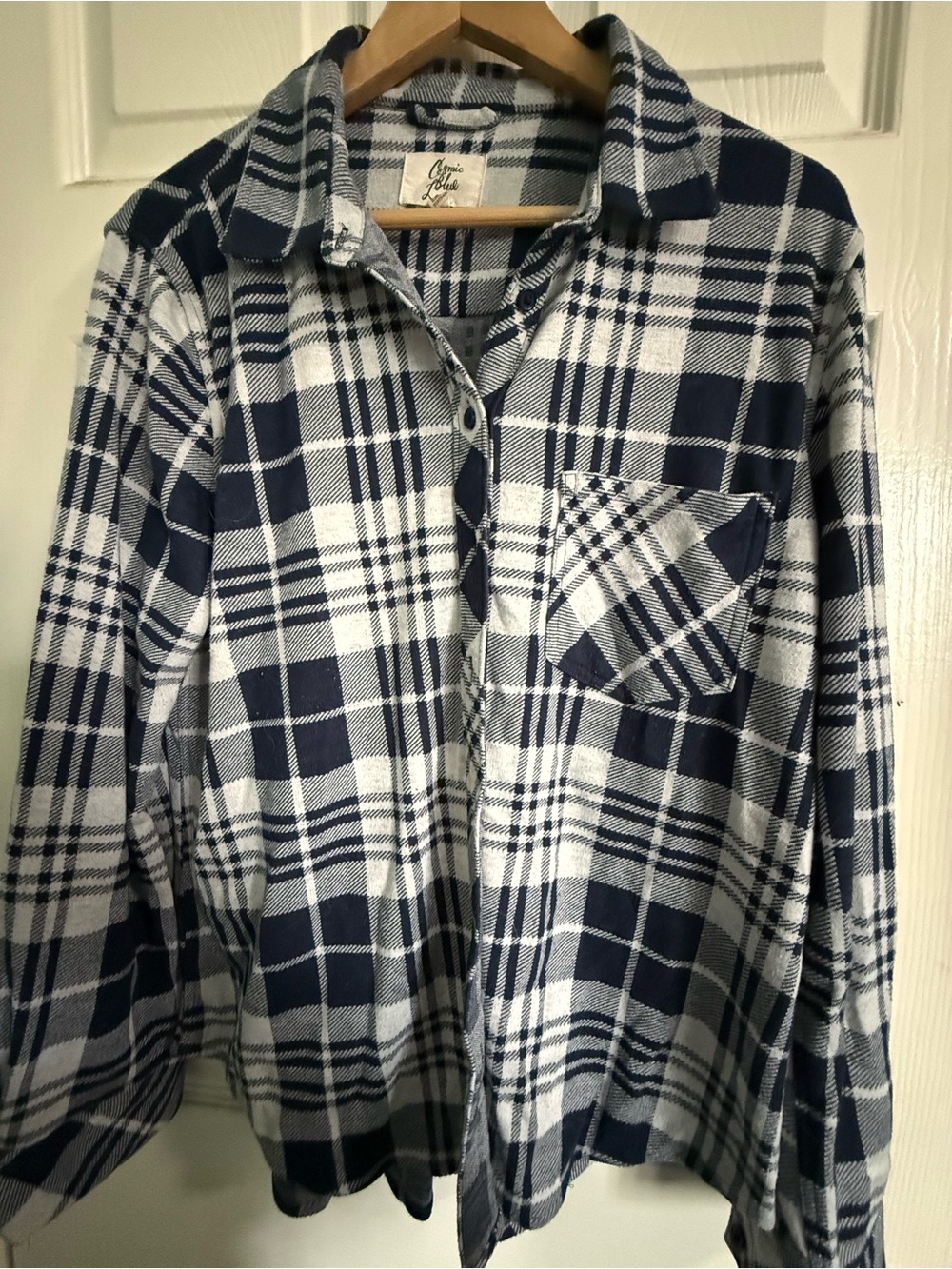 Navy and White Plaid Button-Up Flannel Shirt